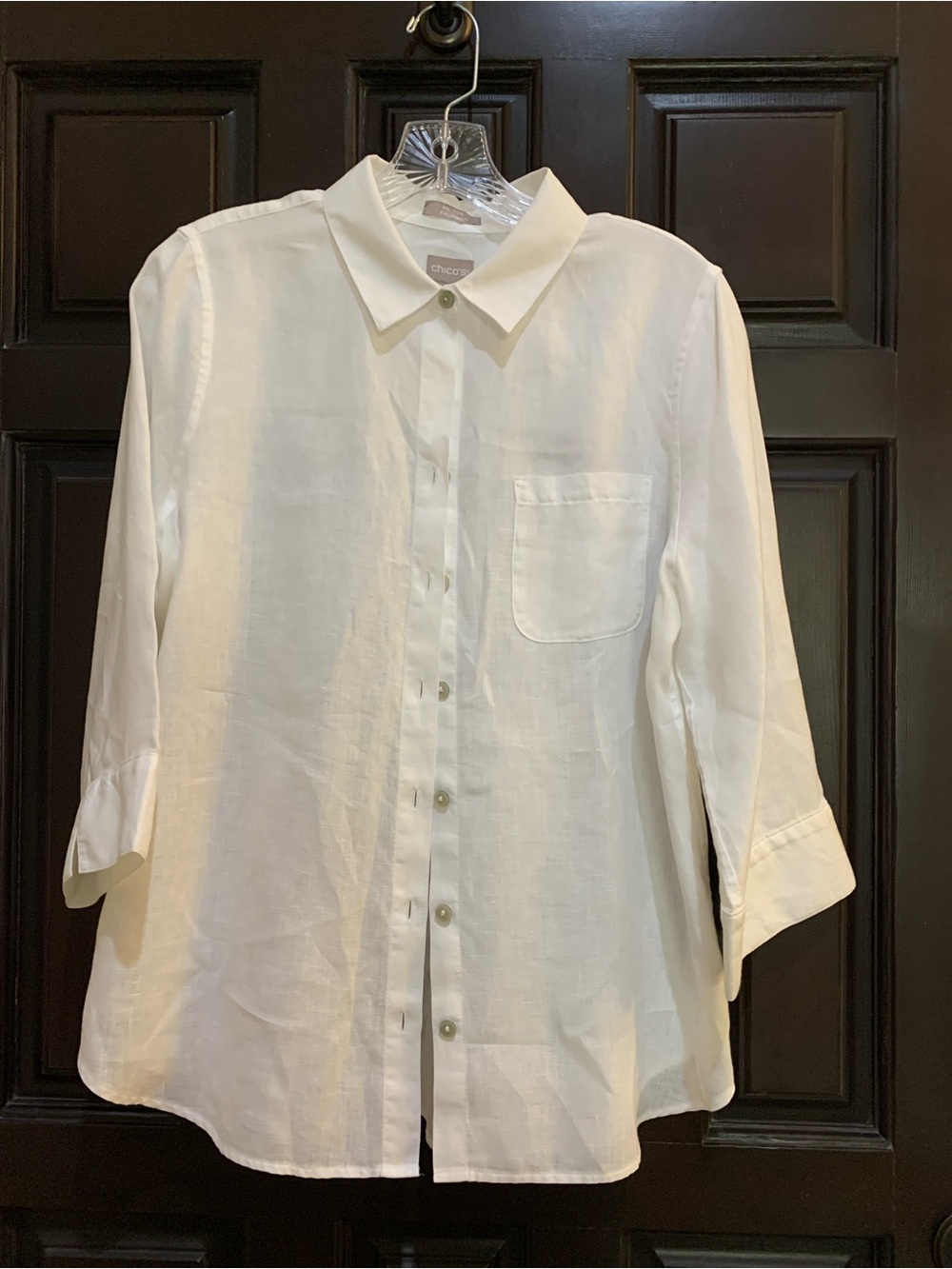 Chico's White No Iron Linen 3/4 Sleeve Casual Button-Down Shirt size 1 (8/M).
